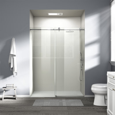 56"- 60"W x 76"H Single Sliding Shower Door, Frameless Bathroom Sliding Door with 1/4" (6mm) Tempered Glass for Walk-in Shower, Brushed Nickel