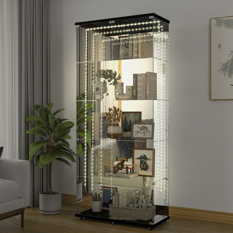 Bureau - Armoire à liqueur indispensable en verre trempé noir avec éclairage à DEL sensible à la musique, fond miroir, bande de présentation fascinante de 13,64 po de largeur,