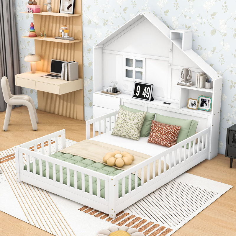 Lit maison avec rangement spacieux et port USB, Double