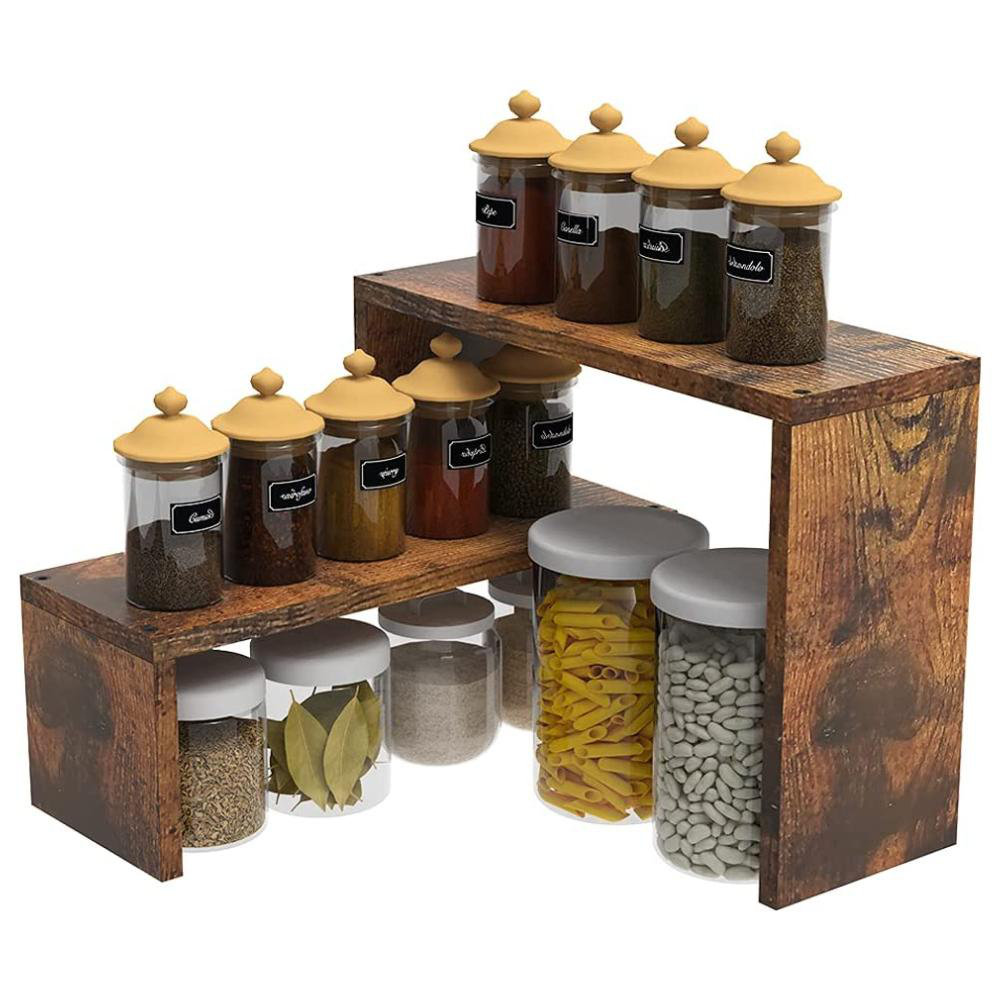 2 Tier Stackable Expandable Corner Spice Rack For Kitchen Countertop Cabinet & Pantry Organizer Rustic Brown Wooden Corner Shelf Rack For Desktop Stor