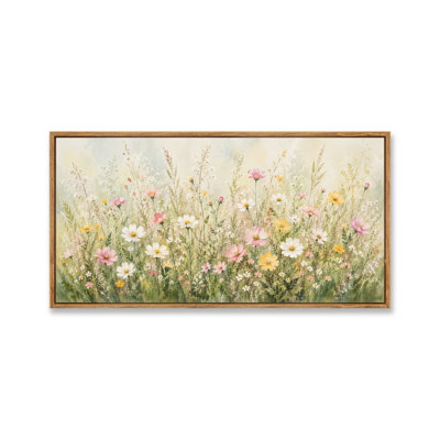 Framed Pastel Meadow Blossoms Study Canvas Wall Art, Large Horizontal Nature Artwork for Living Room 60"W x 30"H