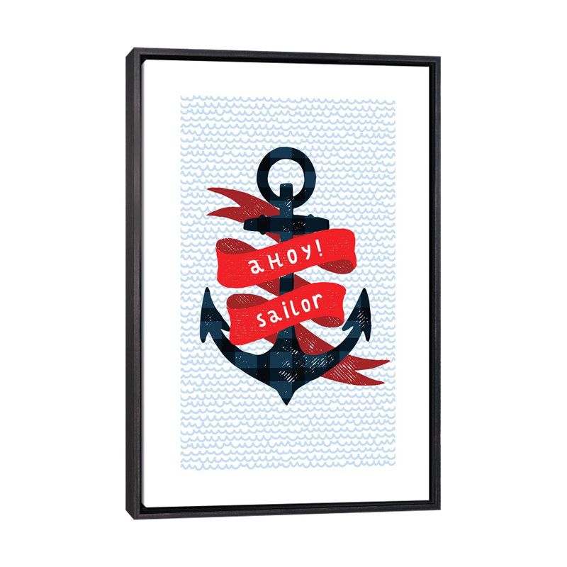 Nautical Anchor - impression d'art graphique, Pas de tapis, H 60 po x l 40po x P 1,5 po, Toile avec cadre noir patiné