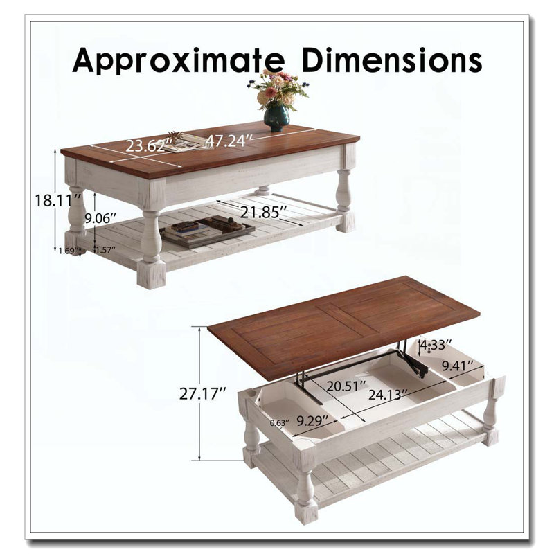 Table basse à plateau relevable rétro avec rangement, Espresso antique, Blanc antique