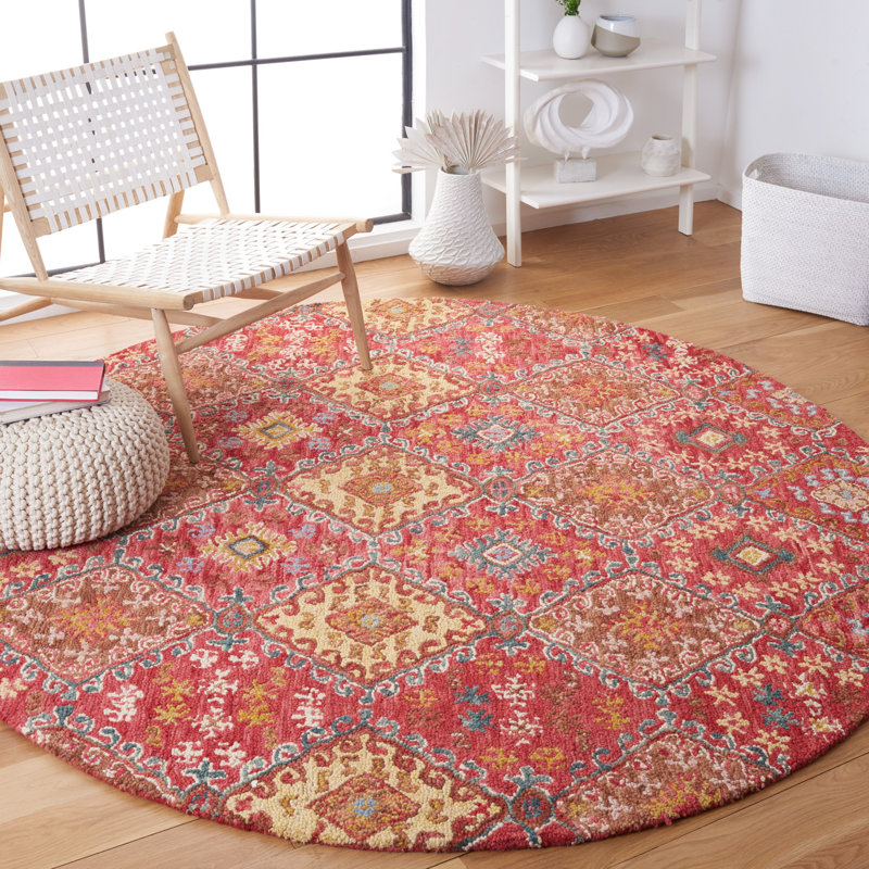 Tapis en laine / coton touffeté à la main en rouge / or Southwestern, Rond 7 pi