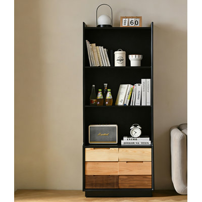 Modern Black Tall Bookcase with Natural Wood Drawers
