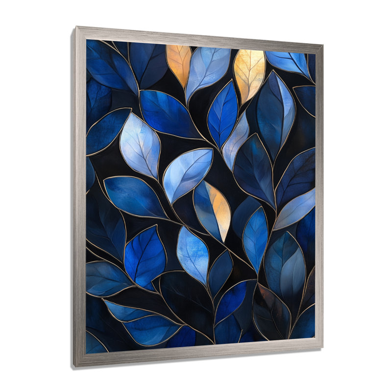 Feuillage bleu doré - Tableau botanique encadré sur toile, H 32 po x l 24 po, Cadre photo argenté