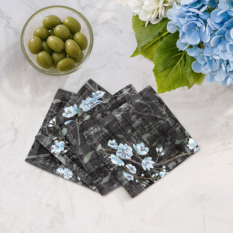 Blossom Fantasia Cotton Sateen Cocktail Napkins, Black/Blue