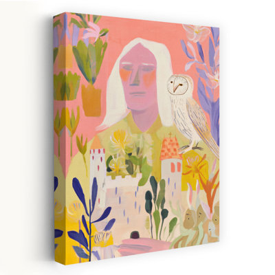 Mystical Figure With Owl Dreamy Ethereal Mystical Owl Rabbit Architecture Nature Wall Art Print 1 Piece Wrapped Canvas Wall Art