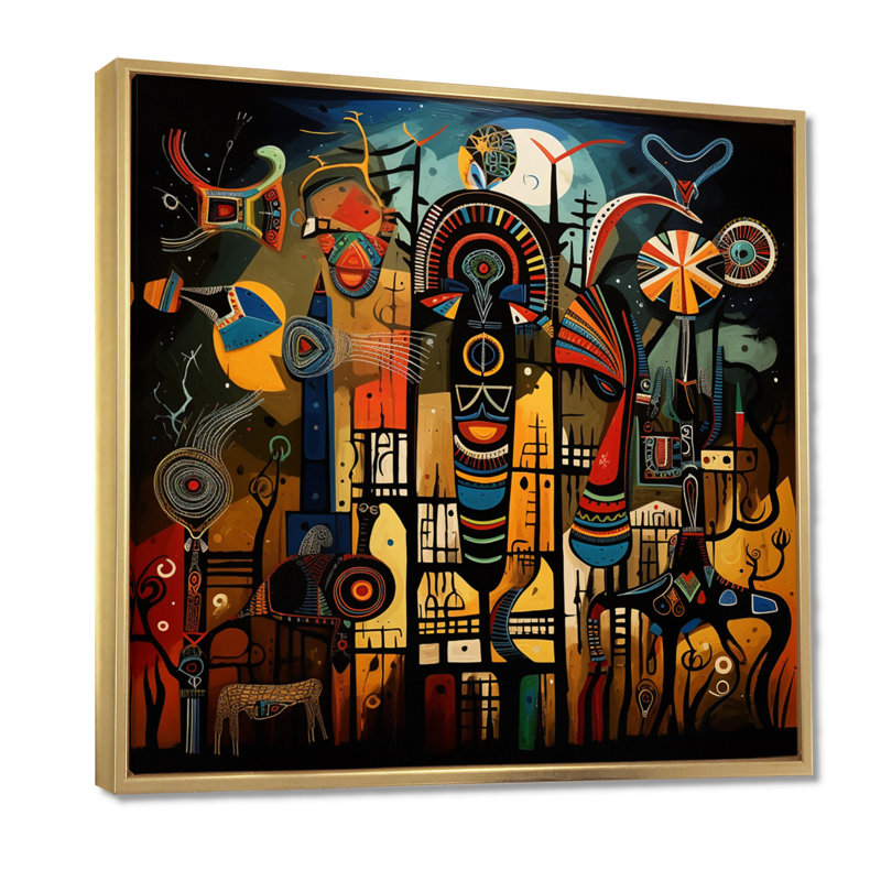 «Abstract Sub-Saharan Landscape - Art africain», reproduction d'art sur toile encadrée, Toile avec cadre flottant or