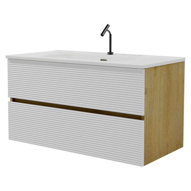 Ensemble de meuble-lavabo 30 po avec lavabo, avec deux portes et meuble-lavabo avec tablette de rangement ouverte à droite, bois massif, sans les robinets