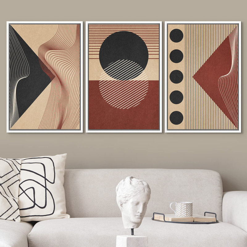 " Geometric Art Deco Black Red Polygon Collage Nature Abstract Modern Art Boho Decor " 3 - Pieces on, Blanc