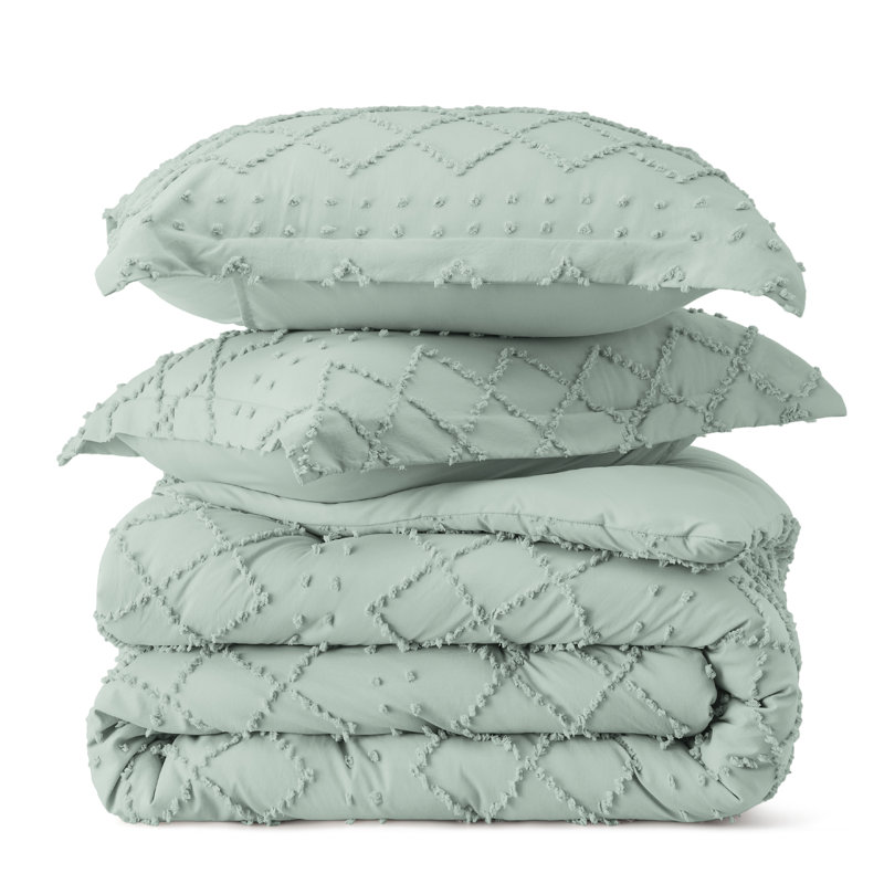 Ensemble d'édredon touffeté toutes saisons (ensemble de 3), Vert sauge, Édredon pour grand lit + 2 taies décoratives