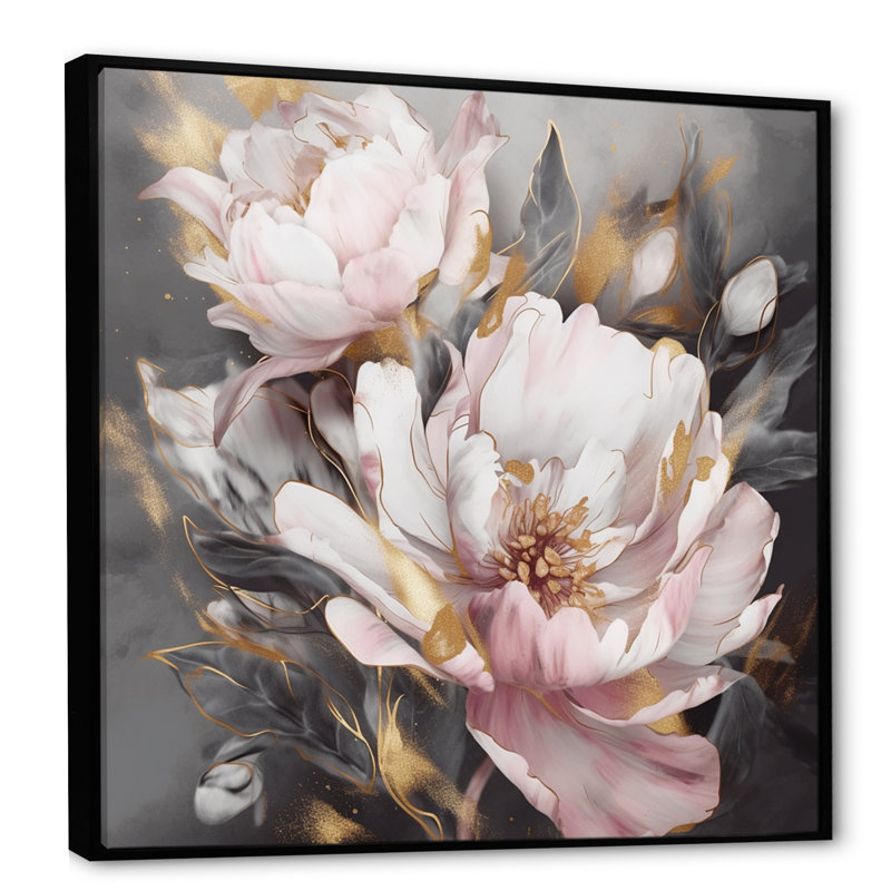 Pink Grey Peonies Elegance II - Print, 36" H x 36" W, Floater Framed, Black