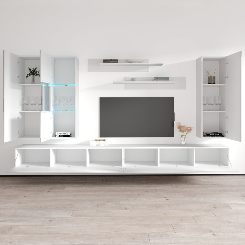 Vreeland 126" Modern Floating Wall Mounted Entertainment Center with 16-Color LED Lighting, High Gloss Finish, White