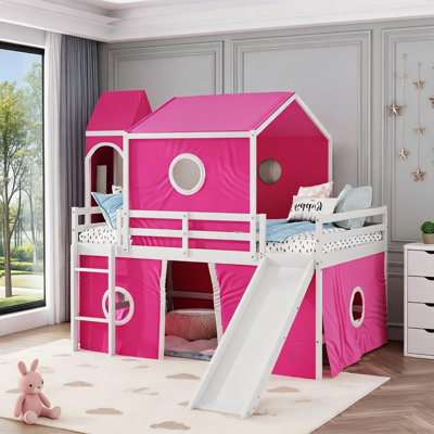 Solid Wood Full Size Loft Bed, Kids Bedroom Play Bed with Slide Tent and Adjustable Tower, Warm Pink
