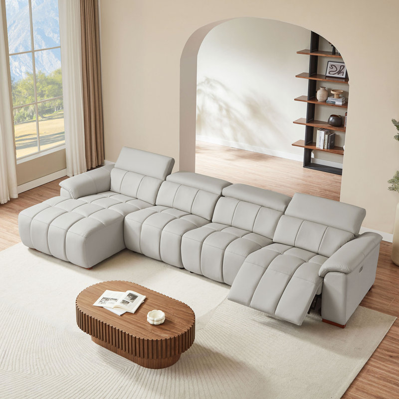 144.87" Genuine Leather Power Reclining Sectional With USB Port, Left Hand Facing, Gray Genuine Leather
