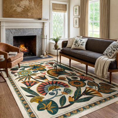 Tapis égyptien à motif floral lavable égyptien pour le salon 5 x 7 Boho, grand tapis de chambre à coucher beige rétro, tapis antidérapant pour la cuisine, le hall d'entrée, la salle de jeux (5 x 7)