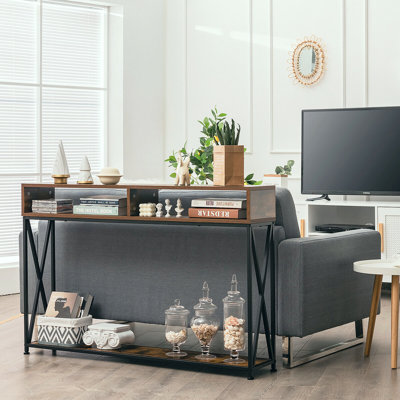Console Gracie Oaks avec tablette ouverte et compartiments de rangement, structure en acier blanc