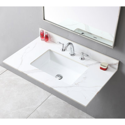 37" Gold Sintered Stone Bathroom Vanity Top, Rectangular Ceramic Undermount Sink, 3 Faucet Holes, Backsplash 37Inch Top Stone, Sink Rectangle, Included