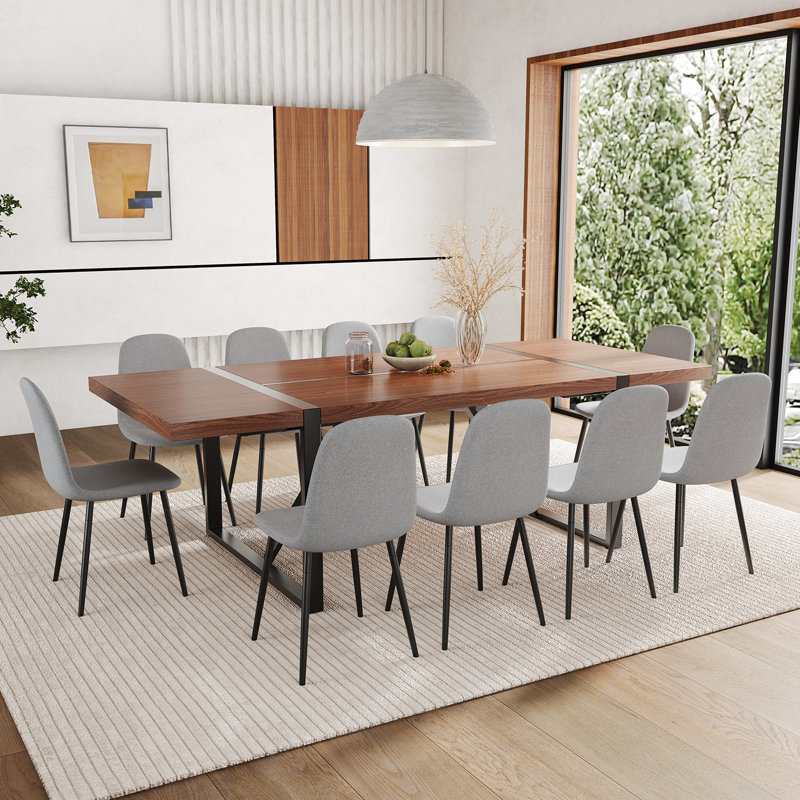 Ensemble de table de salle à manger en bois 87 po avec chaise rembourrée en cuir PU, Gris, 11 pièces: table, 10 chaises
