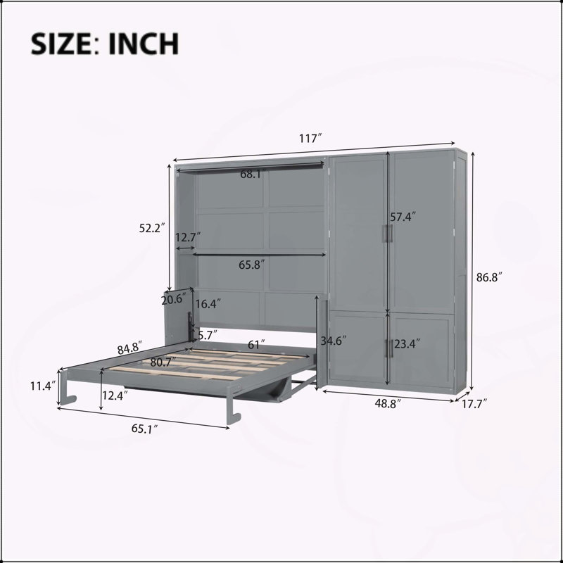 Grand lit escamotable mural avec placard, gris