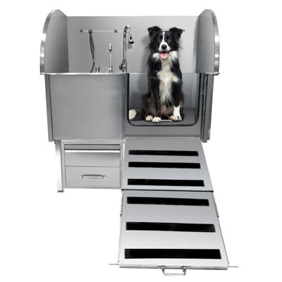 Professional Dog Grooming Tub, Stainless Steel Dog Wash Station With Foldable Ramp, Large Storage Drawer, Floor & Faucet/Dog Bathtub for Large, Medium & Small Pets