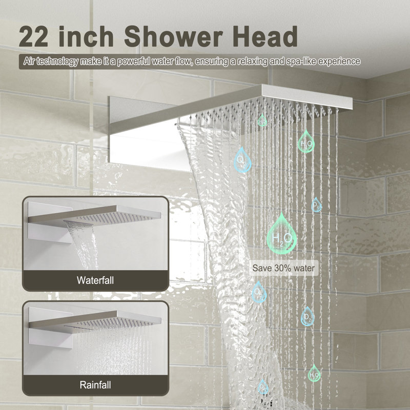 Matte Black and Brushed Nickel 22" Thermostatic Rainfall Shower System