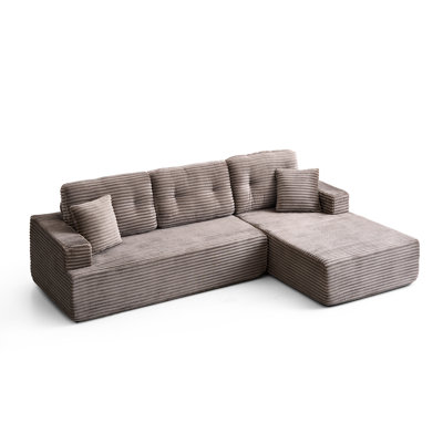 Modern Minimalist Left - Facing Chaise L Shape Compressed Corduroy Sectional 4 Seats Brown Gray To Bed With Tight Pillows And Secure Base Suspended Foot Supportive