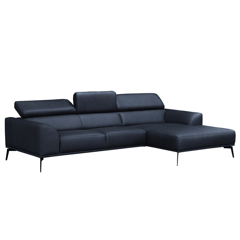 Blagovesta Genuine Semi-Aniline Leather Corner Sofa with Upholstered Frame, Dark Sky Blue, Right Hand Facing