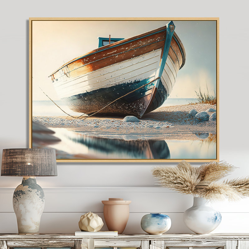 Bateau sur le rivage I - reproduction sur toile de bateau côtier, Black Picture Framed, 24" H x 32" W