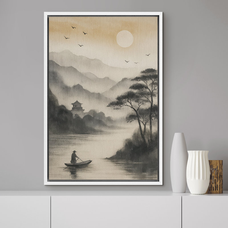 «Serene Mountain River with Boatman and Rising Sun», reproduction d'art sur toile encadrée, H 36 po x l 24 po x P 1,5 po