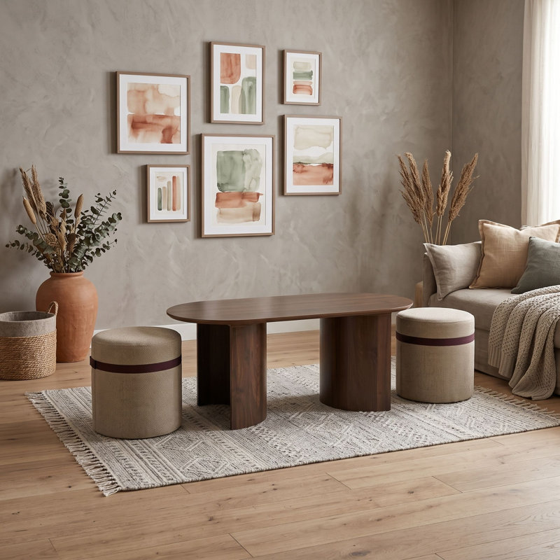 Ensemble de tables basses vintage ovales avec 2 repose-pieds rembourrés, conception gigogne peu encombrante avec bords arrondis