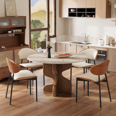 Table de salle à manger Mid-Century ronde avec plateau en pierre frittée de qualité supérieure et piédestal en bois massif