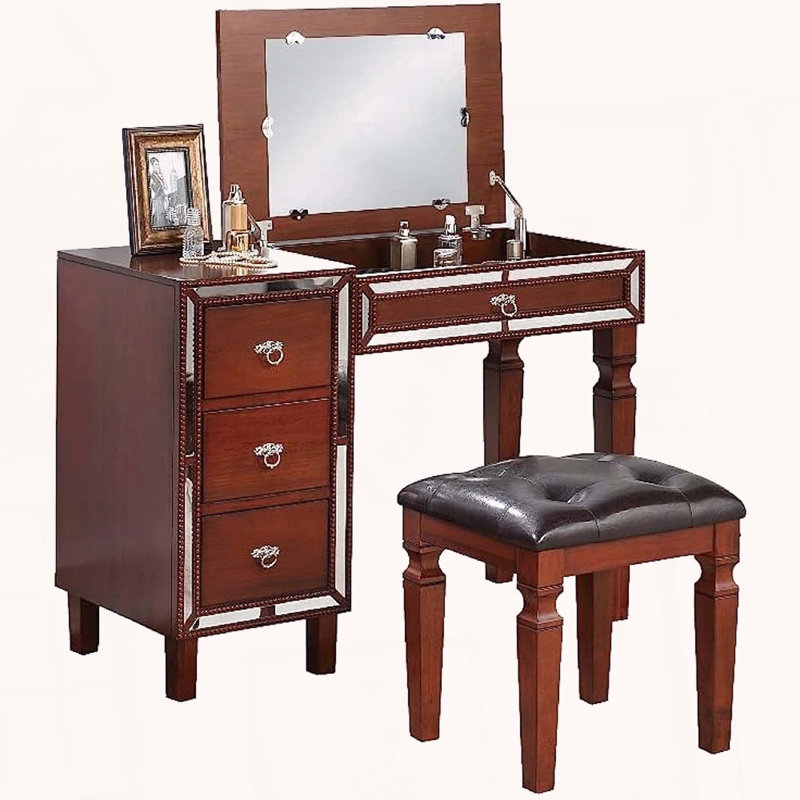 Ensemble de meuble-lavabo traditionnel avec tiroirs de rangement et tabouret capitonné
