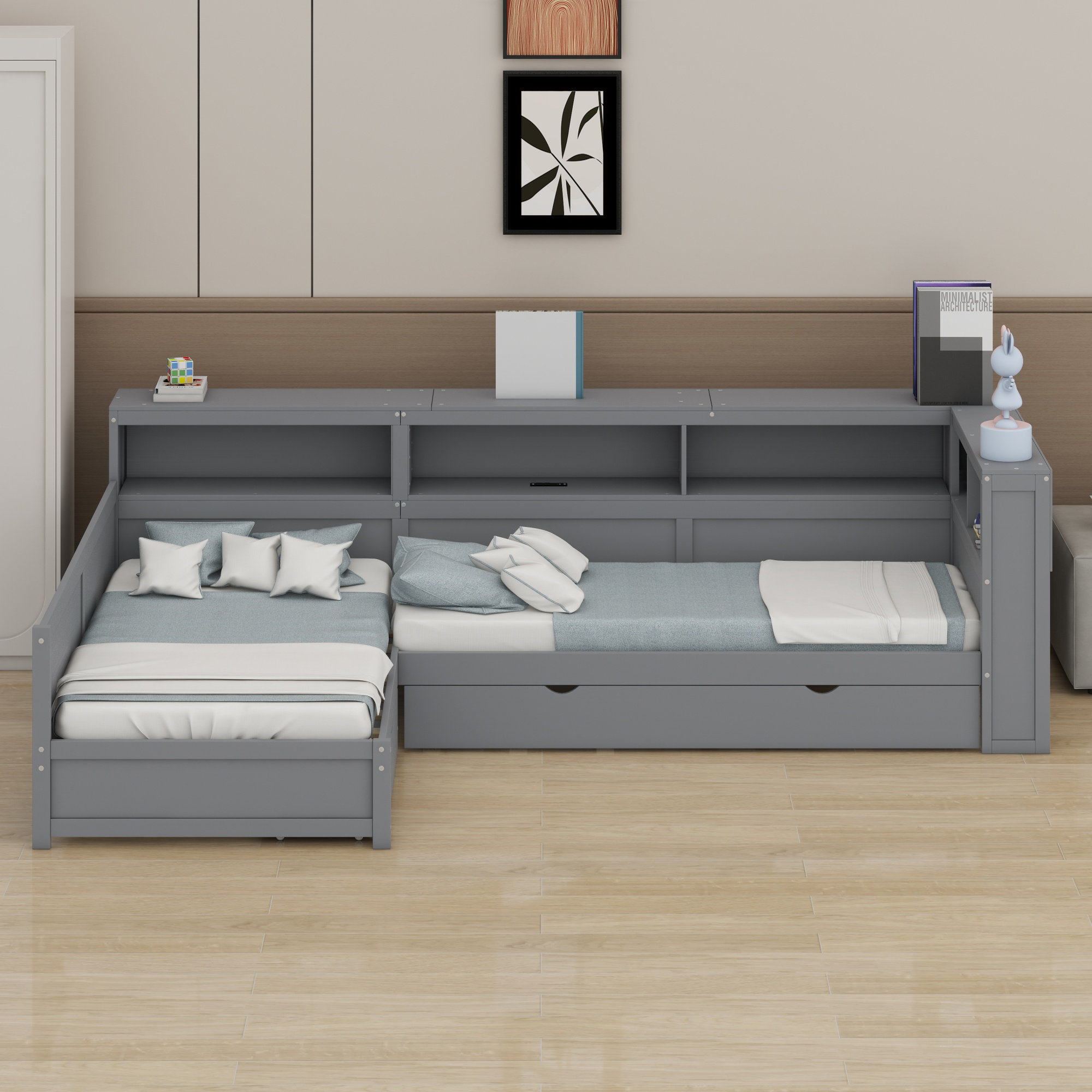 Latitude Run® Wood L-Shaped Platform Bed With Trundle And A Drawer ...
