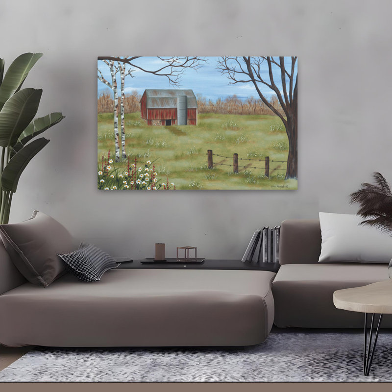 Summer Barn - Art contemporain de bouleaux rouges sur fond de bouleaux, H 32 po x l 48 po