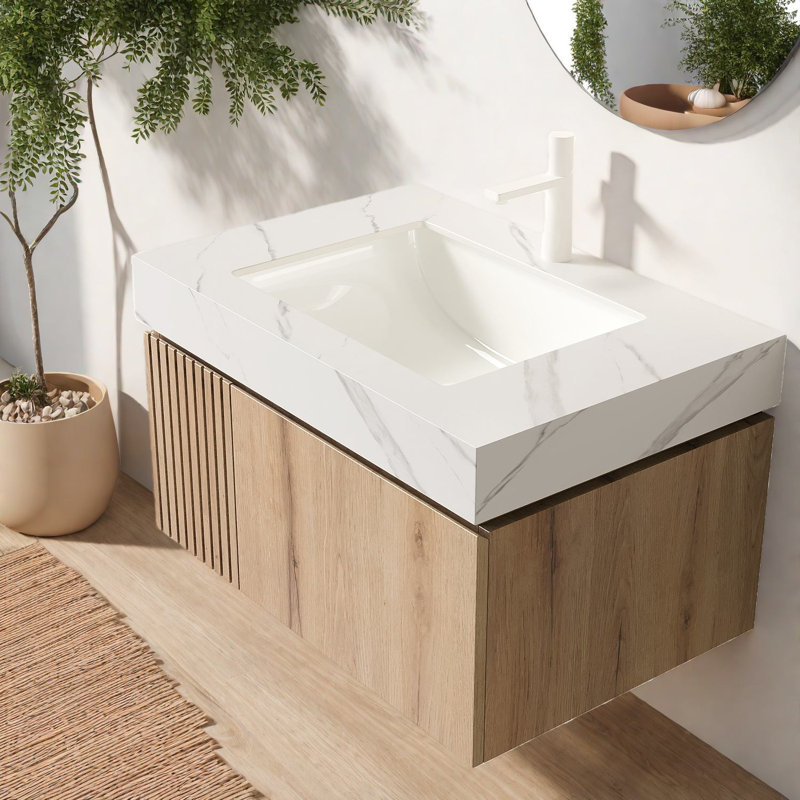 Meuble-lavabo moderne avec rangement, chêne blanc et pierre frittée, conception flottante