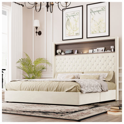 Structure de lit grand format en velours capitonné avec veilleuse intégrée, tablette de chargement USB et tête de lit à boutons en cristal, beige
