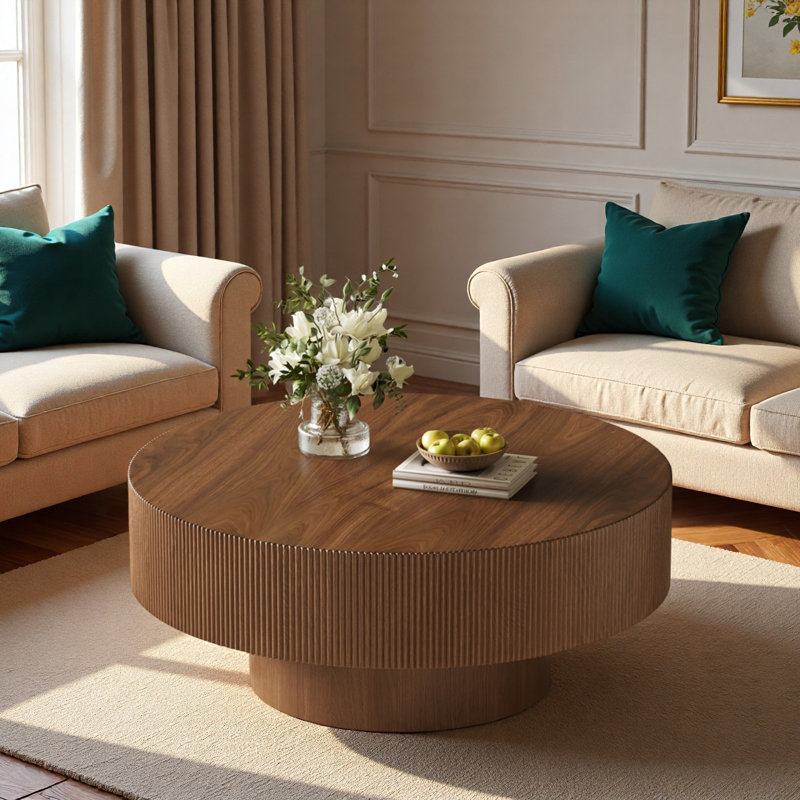 Table basse ronde avec rainures, plateau de table épais et base cylindrique