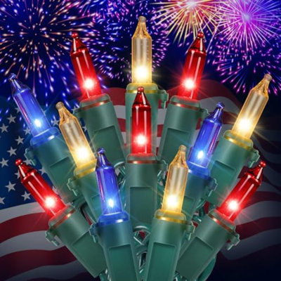 Mini lumières rouges, blanches et bleues, 2 paquets de 50 lumières à cordes patriotiques du 4 juillet, fil vert, lumière incandescente de 13 pi pour une décoration de fête de Noël intérieure et extérieure, rouge, blanc, bleu