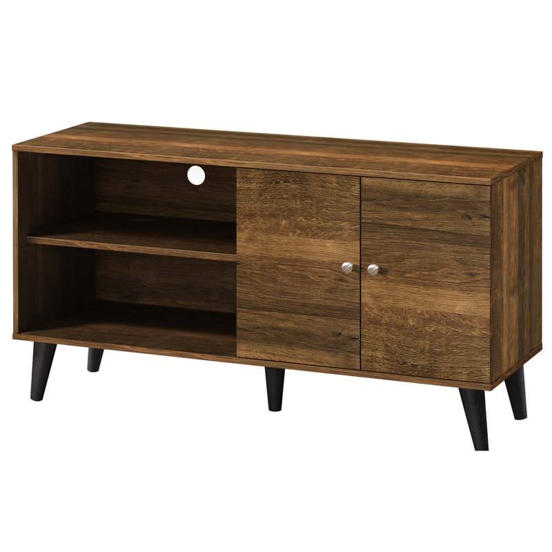 Brown Tv Stand For 50 - 59 Inch Tvs, With 2 Shelves & 1 Cabinet. Modern Entertainment Center In Living Room. Functional Open Shelf Electronic Devices. Hidden Storage Compartment. Mid-Century Style.