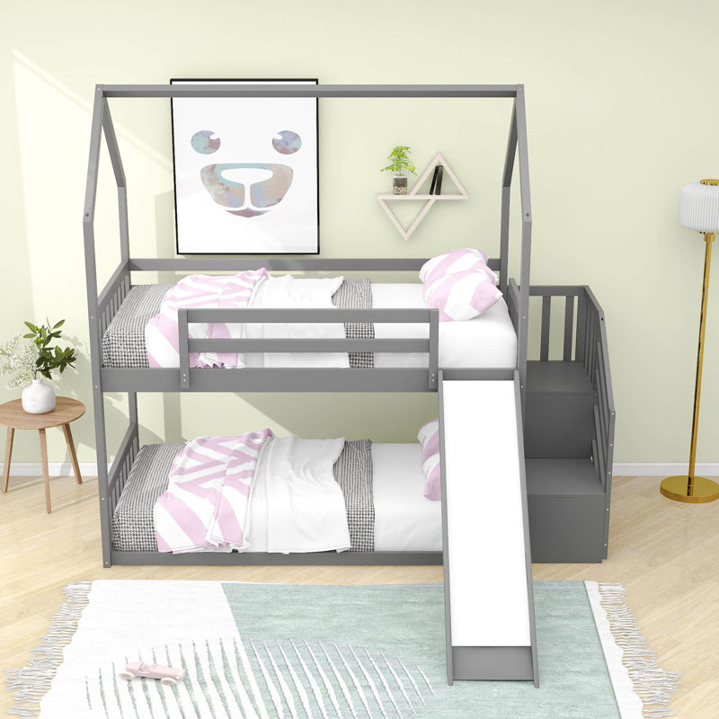 Lavedan Twin Over Twin Standard Bunk Bed with Slide and Shelf, Gray