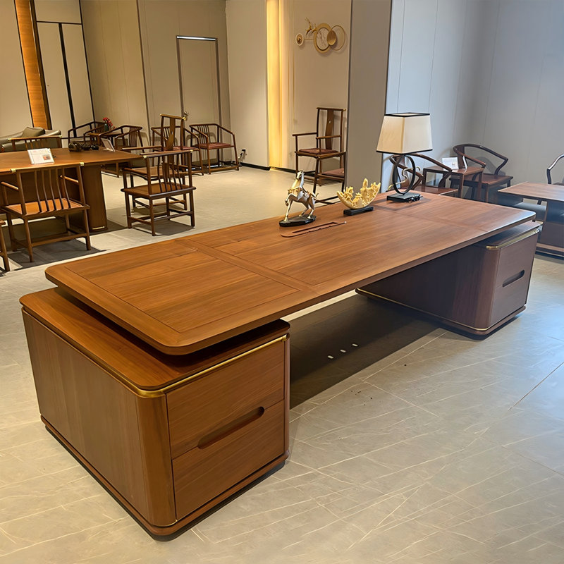 Bureau de direction 110,24 "en noyer rétro avec deux armoires latérales, H 29,92 po x l 110,24 po x P 43,31 po