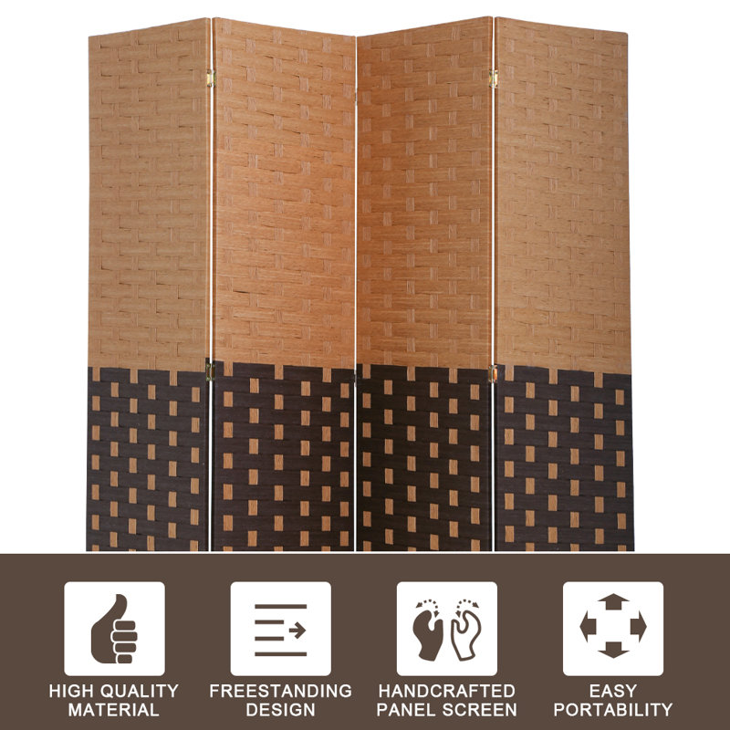 Modern 4-Panel Brown and Black Woven Wood Folding Room Divider