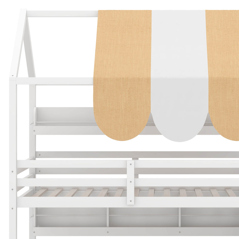 Full Size House Shape Loft Bed With Canopy, Wood Loft Bed With Roof, Built-In Bookshelves & Slide, Space-Saving Bed Frame