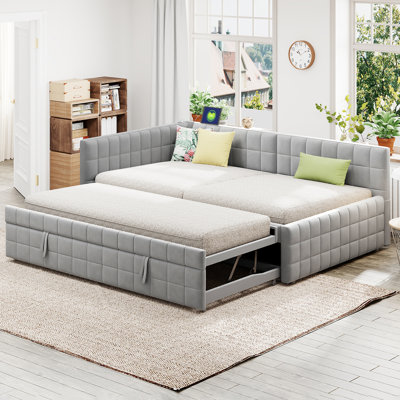 Full Size Upholstered L-Shaped Upholstered Daybed With Twinsize Pop Up Trundle And USB Ports, Gray