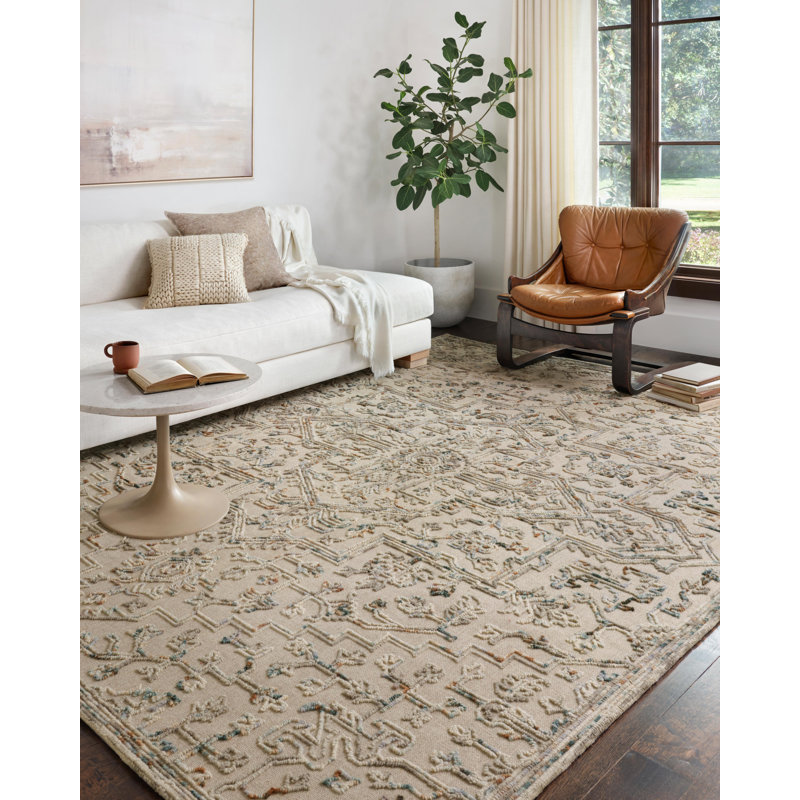 Tapis crème / brun / vert en laine crocheté à la main Enar, Rectangle 9 pi 3 po x 13 pi