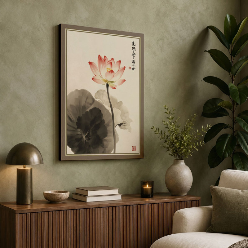 Lotus in Bloom Japandi - Wrapped Canvas, 30x20 - 76.2 x 50.8 cm, Teal Border