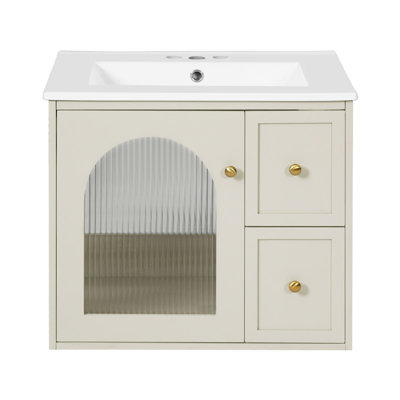Ensemble de meuble-lavabo mural 24 po blanc avec lavabo en céramique, armoire de salle de bain flottante, 2 tiroirs et porte en verre cannelée à fermeture en douceur