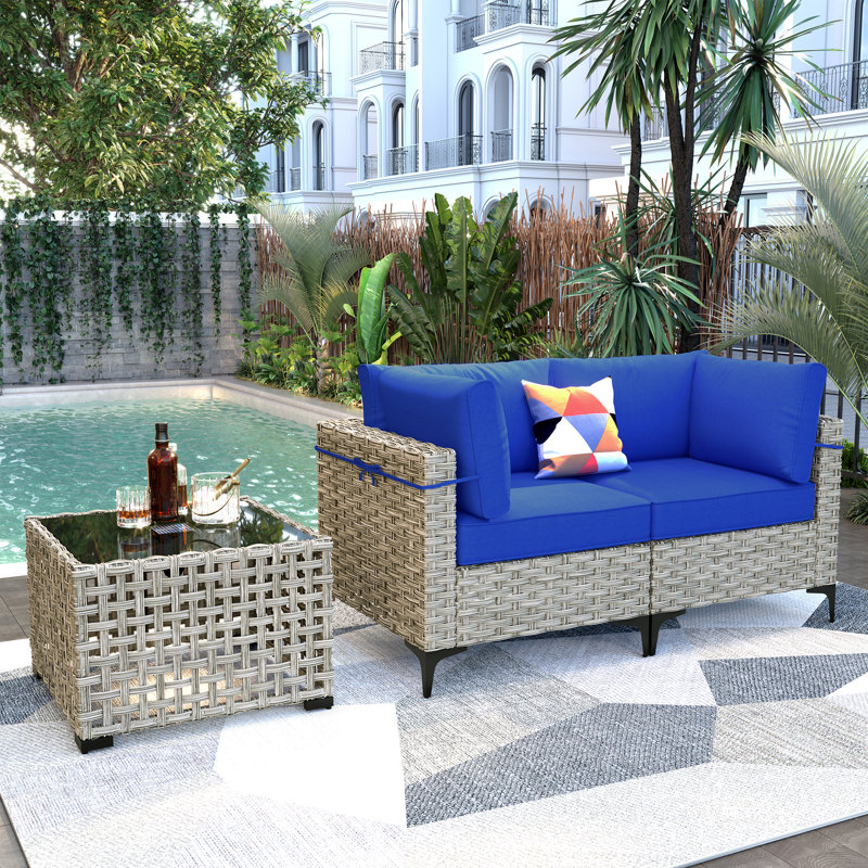 Ensemble de conversation en osier / rotin pour 2 personnes avec table basse lumineuse et coussins Emroy, Marine